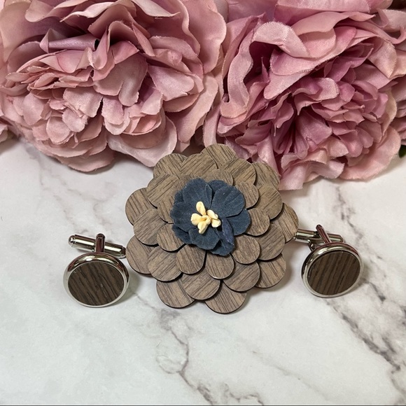 Handmade Wood Butterfly Bow Tie Cufflinks Blue Pocket Square & Boutonnière Set - Picture 11 of 16